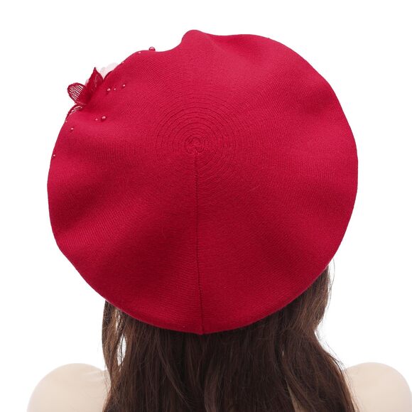 2823 Women French Beret Hat Reversible Solid Color Floral Warm Knitted Beret